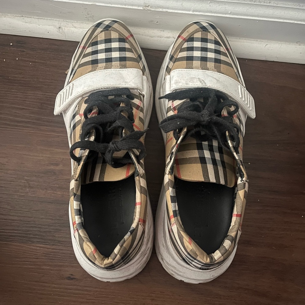 Burberry Plaid Sneakers in Black, White, and Tan - Picture 3 of 4